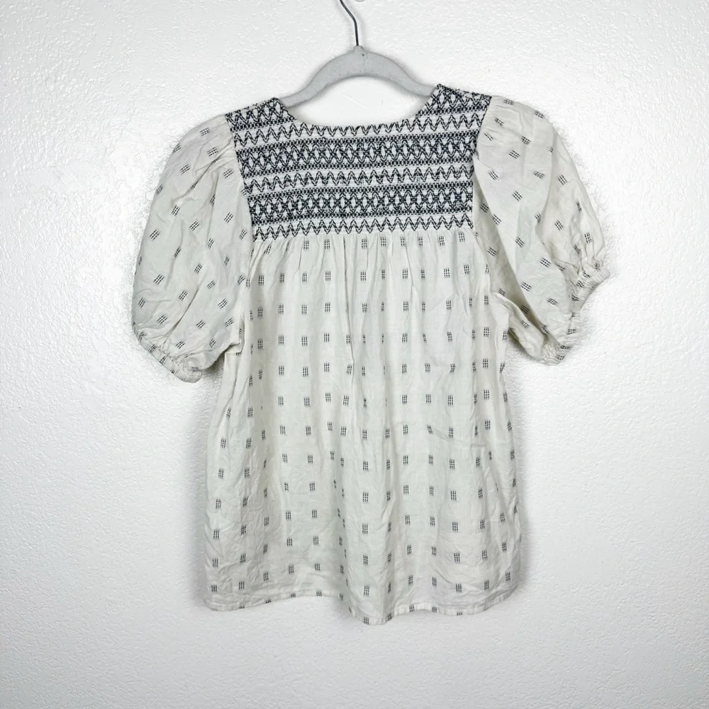 Madewell Summer 2022 Embroidered-Yoke Top in Clipdot Ikat Swiss Dot Size XS